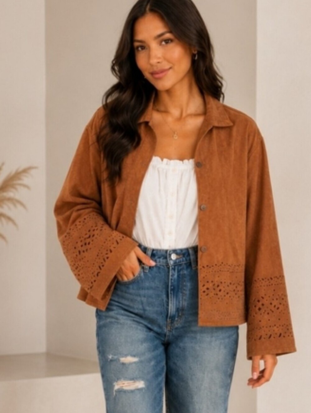 Napa Valley Faux Suede Laser Cut Jacket Large Button Front Western Boho EUC